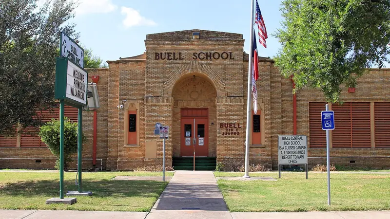 Buell School in Pharr, Texas, United States. The school was designated a Recorded Texas Historic Landmark in 1990. Marker text: "Constructed in 1927-28 to serve Mexican-American children in the Pharr-